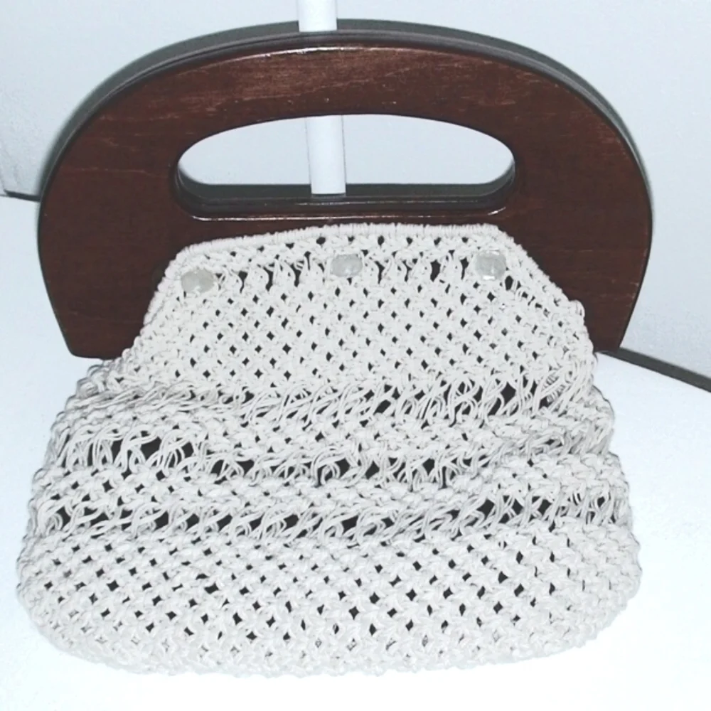 Vintage 1980's Handbag Macrame with Wooden Handle, Rare Vintage